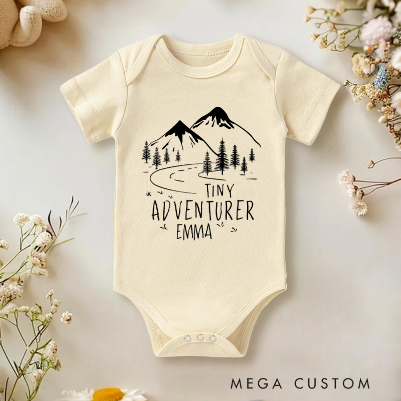 Personalized Tiny Adventurer Mountain and Forest Baby Onesie Travel Baby Gift