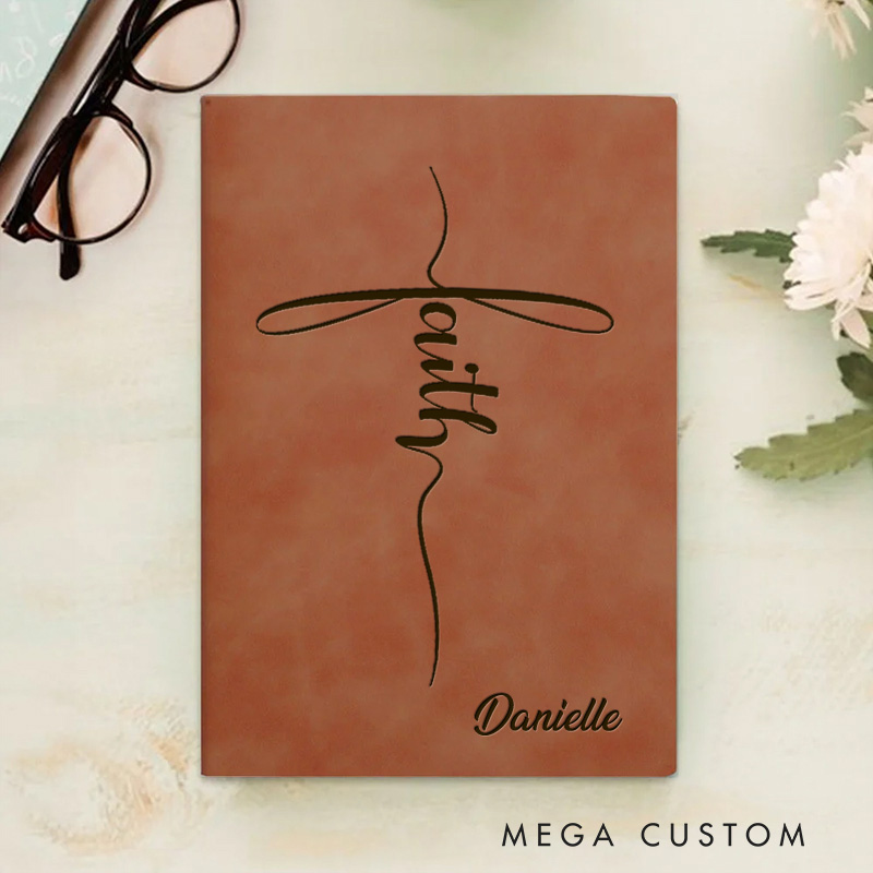 Personalized Faith with Cross Prayer Journal Leather A5 Notebook with Name Faith Notebook for Men Women Christmas Gift for Christian 