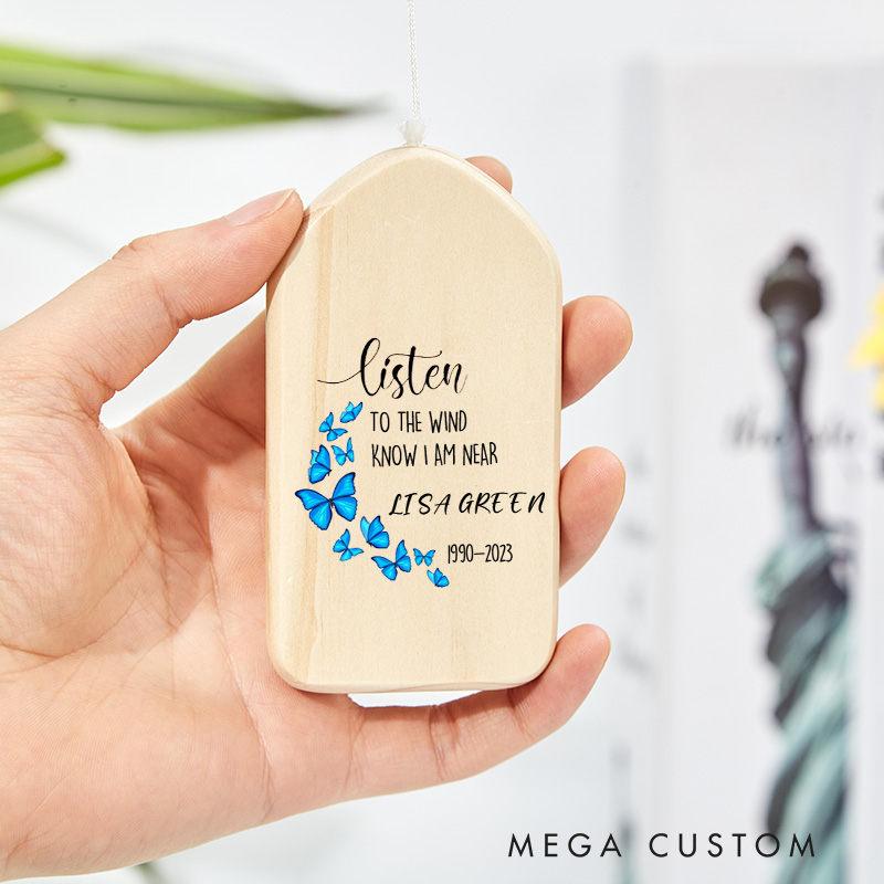 Personalized Wind Chimes Blue Butterfly Sympathy Chime in Loving Memory for Loss of Loved Dad Mom Memorial Condolences Gifts 33.46 Inch/25.6Inch