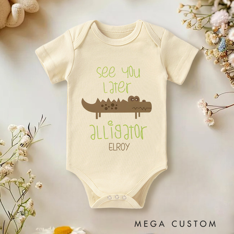 Personalized See You Later In a While Alligator adding humor and fun to twin wardrobes with a cute crocodile graphic Baby Onesie