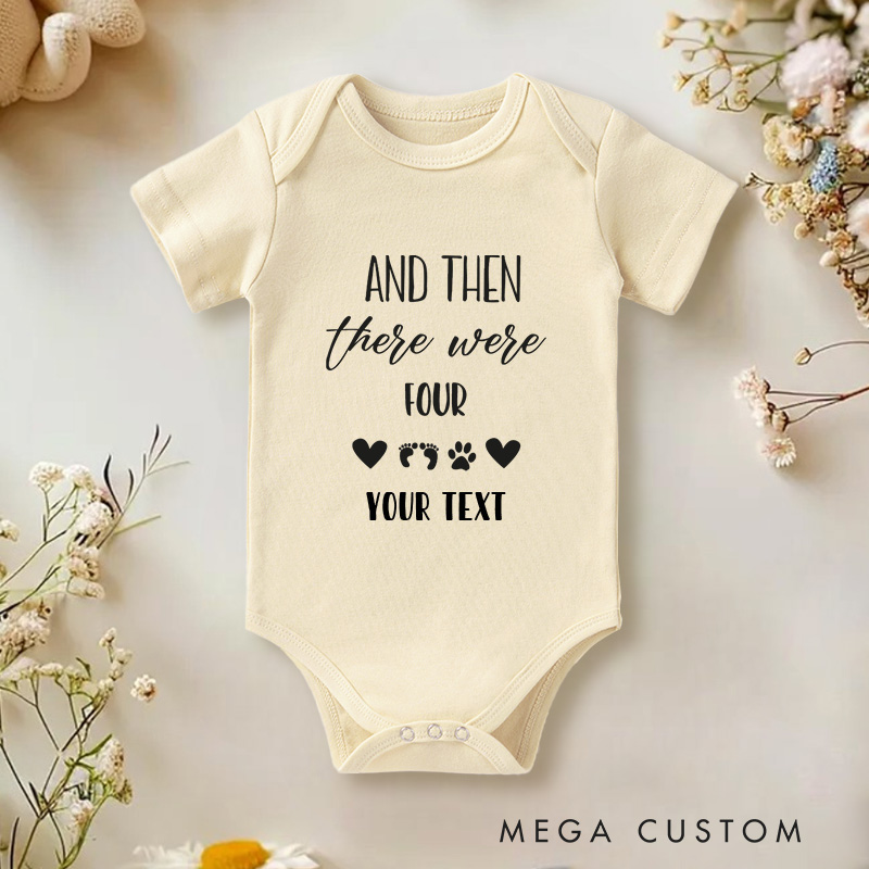 Personalized And Then There Were Four Family Addition with Footprints Baby Onesie  