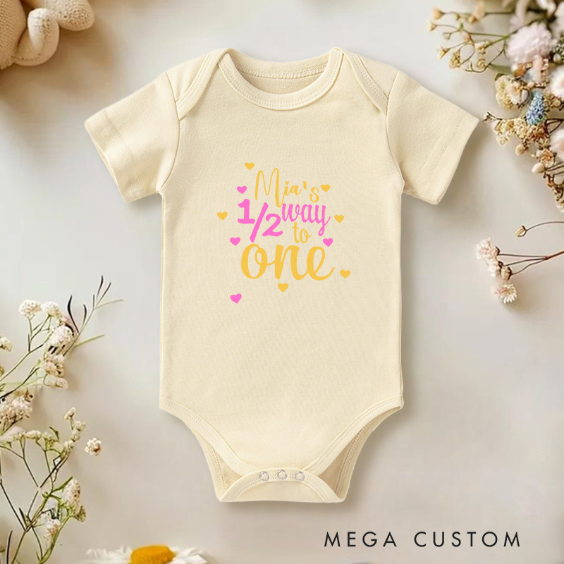Personalized Baby’s Halfway to One Cute and Colorful Half Birthday Celebration Baby Onesie  