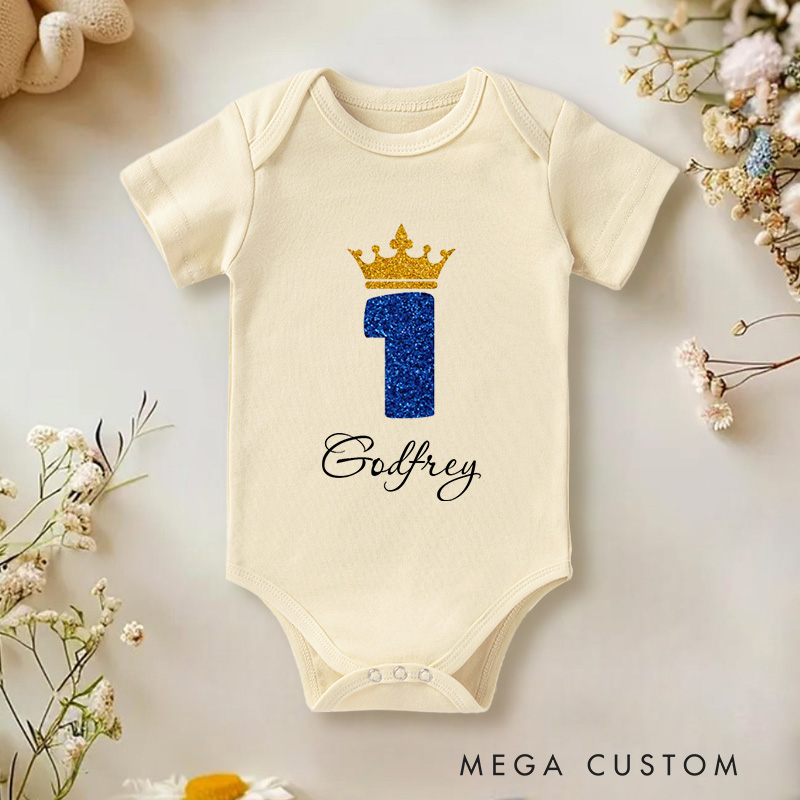 Personalized Number One with Crown Sparkly and Royal Birthday Celebration Baby Onesie  
