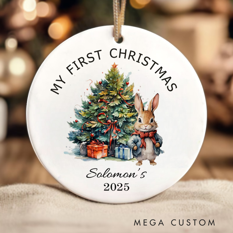 Personalized Festive Bunny with Decorated Christmas Tree Baby Christmas Ornament Baby Shower Gift