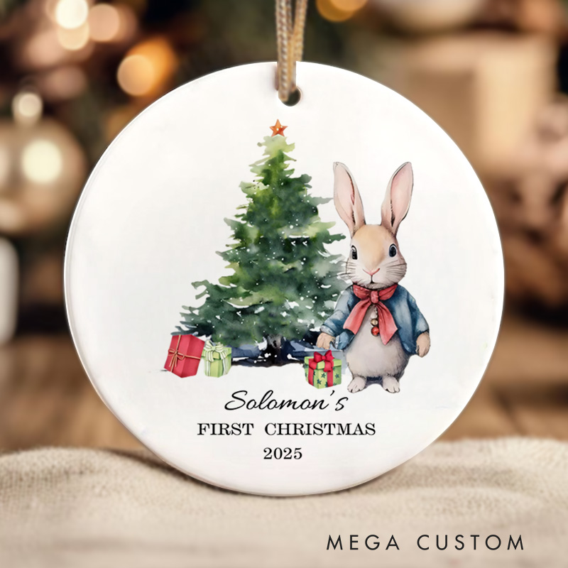 Personalized Baby's First Christmas Rabbit and Holiday Tree Baby Christmas Ornament Unisex Newborn Baby Gift