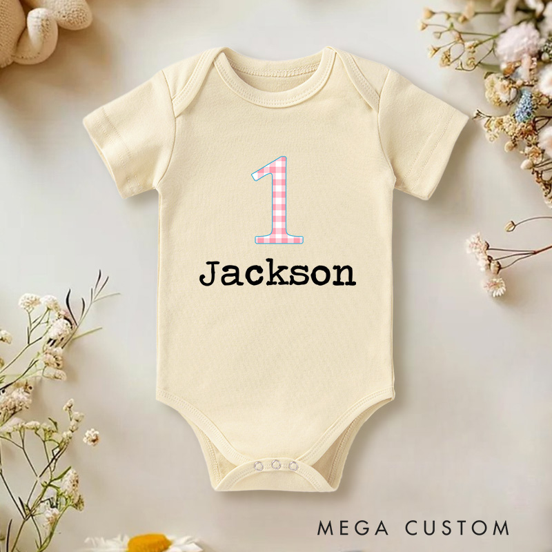 Personalized Number One Checkered Birthday Celebration Baby Onesie  