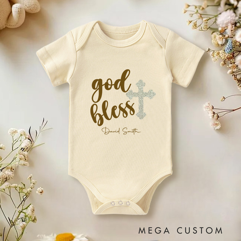 Personalized God Bless Name Elegant Glittery Baptism Celebration Baby Onesie  