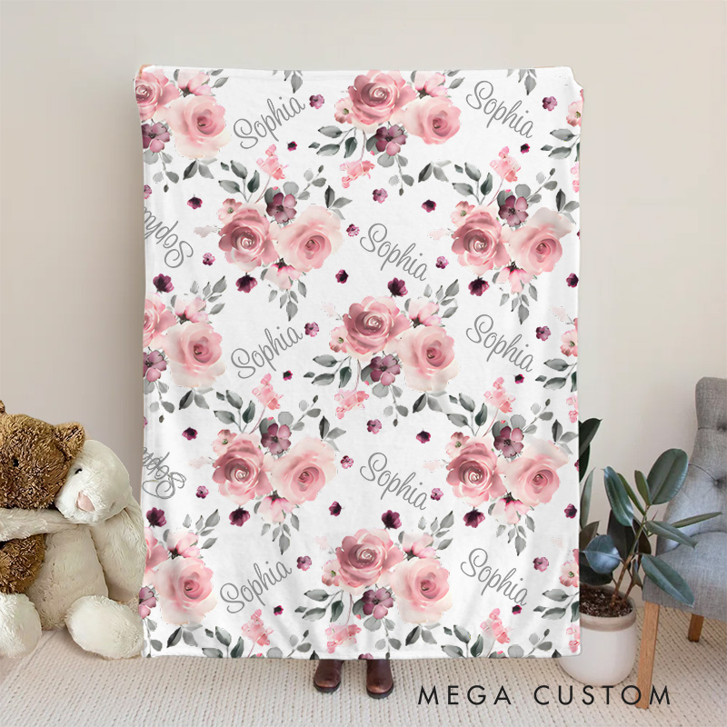 Personalized Pink Floral Pattern Sweet Blossoms Delight Baby Blanket