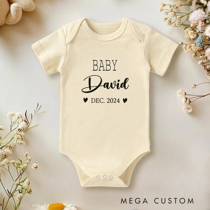 Personalized Baby Name and Date Elegant and Heartfelt Birth Announcement Baby Onesie  