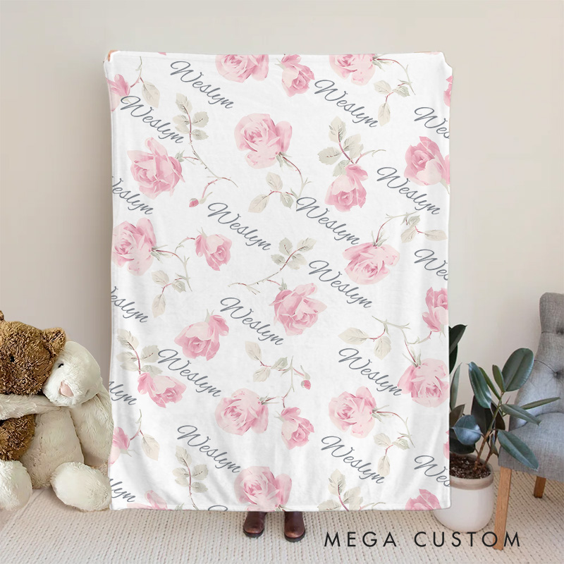 Personalized Pink Floral Pattern Delicate Rose and Leaf Elegant Baby Name Design Baby Blanket