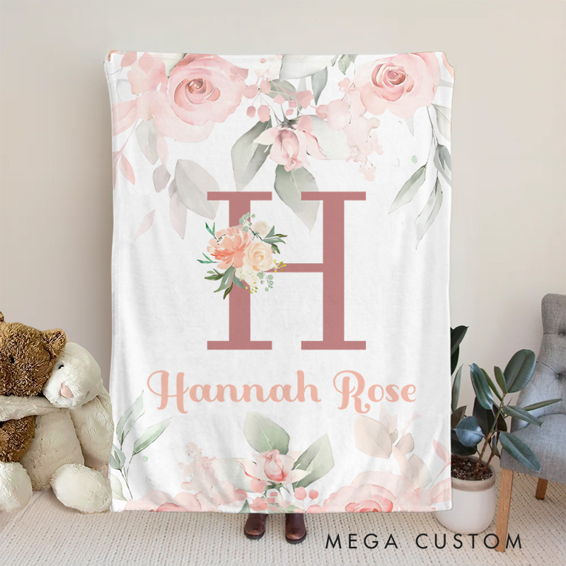 Personalized Initial with Floral Frame Graceful Monogram Baby Blanket