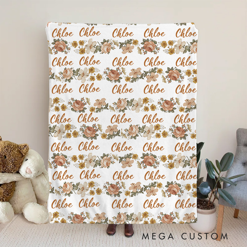 Personalized Vintage Floral Name Repeating Pattern Soft and Elegant Decorative Keepsake Baby Blanket