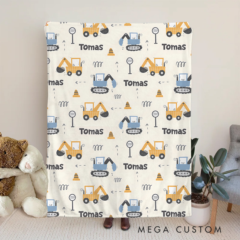 Personalized Construction Vehicles Name Pattern Fun and Playful Diggers and Trucks Inspired Baby Blanket