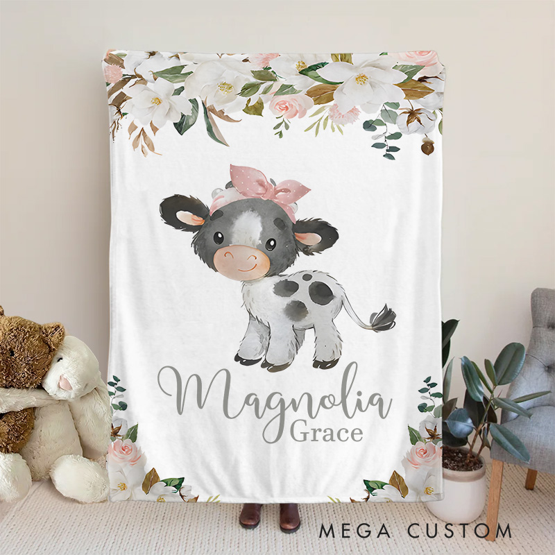 Personalized Adorable Cow with Floral Accents Name Pattern Sweet Farm Animal Inspired Baby Blanket