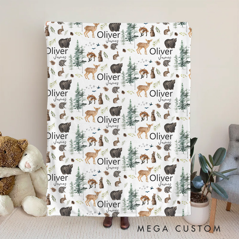 Personalized Woodland Animals Name Pattern Forest Creatures and Nature Inspired Soft Cozy Baby Blanket