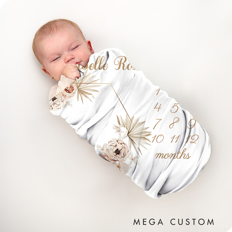 Personalized Elegant Floral Milestone Tracker Name Design Soft and Delicate Keepsake Baby Blanket