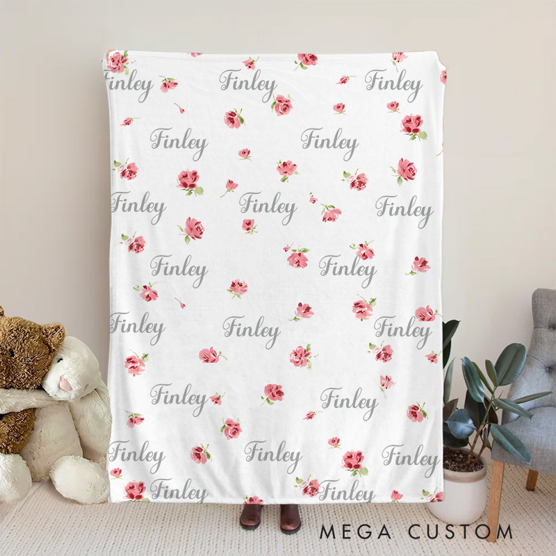 Personalized Pink Floral Name Pattern Delicate Roses and Soft Pastel Design Cozy Keepsake Baby Blanket