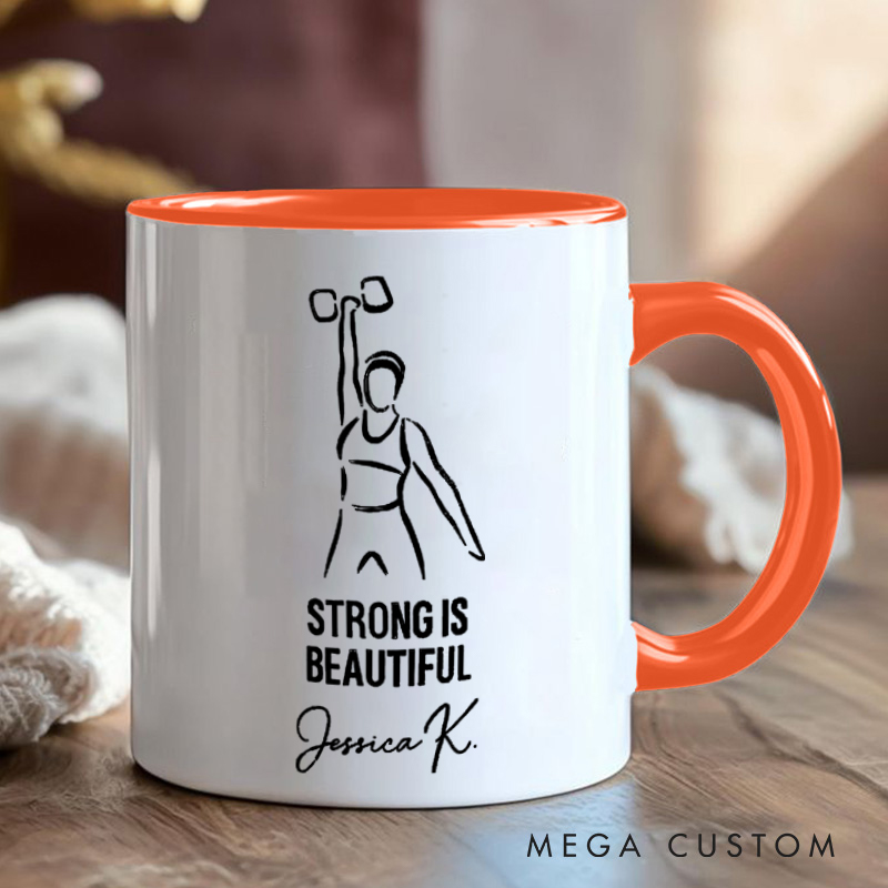 Personalized Fitness Mug Strong is Beautiful with Custom Name Gift Motivational Coffee Cup for Fitness Enthusiasts Bodybuilders and Gym Lovers