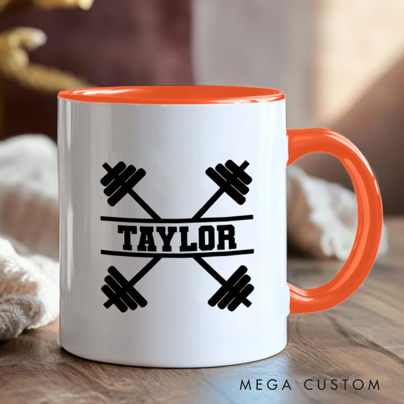 Personalized Fitness Mug with Crossed Dumbbell Design Gift Motivational Coffee Cup for Fitness Enthusiasts Bodybuilders and Gym Lovers