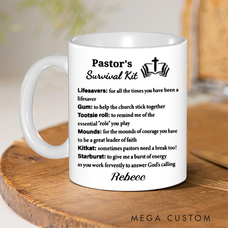 Personalized Pastor's Survival Kit Ceramic Mug with Name Gift for Pastor Custom Coffee Cup Pastor Appreciation Gift Retirement Gift Anniversary Gift