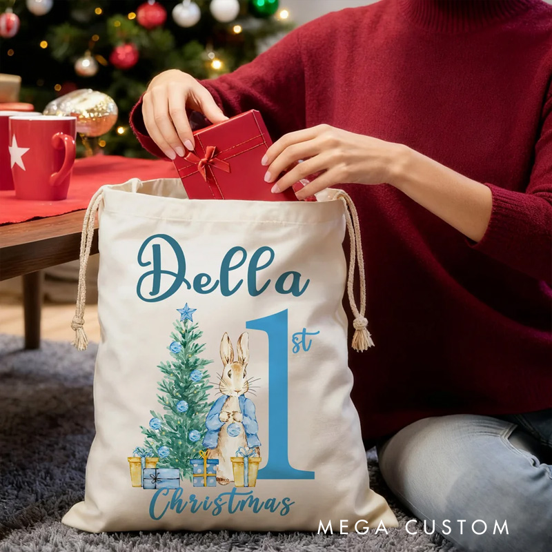 Personalized First Christmas Santa Claus Peter Rabbit Drawstring Canvas Gift Bag with Name Christmas Gift for Baby Family