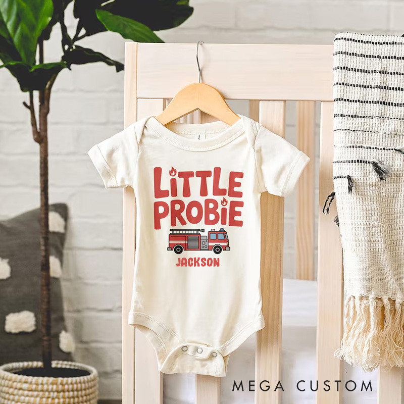 Personalized Firefighter Inspired Baby Bodysuit with Cute Little Probie Text and Adorable Fire Truck Graphic Baby Bodysuit
