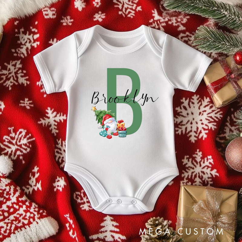 Personalized Baby Onesie and Holiday Baby Bodysuit with Santa and Christmas Tree Design Featuring Baby's Initial for a Festive Look
