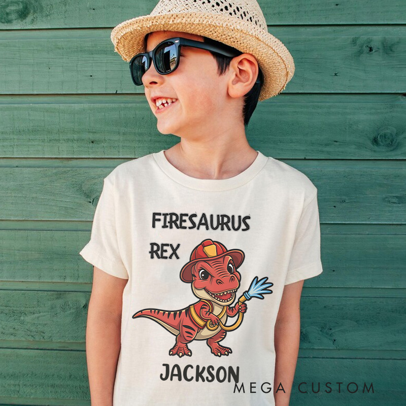 Personalized Dinosaur Firefighter Kids T-Shirt with Adorable Firesaurus Rex Graphic and Custom Name for Fun Adventures Kids T-Shirt
