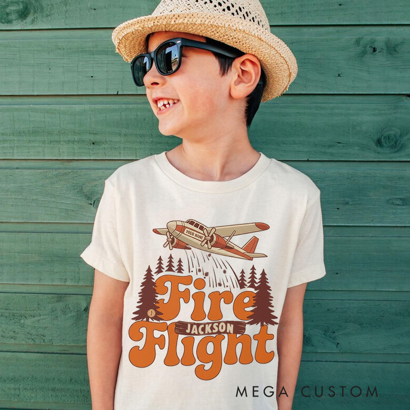 Personalized Fire Flight Kids T-Shirt with Custom Name and Retro Aerial Firefighter Plane Graphic for Little Adventurers Kids T-Shirt