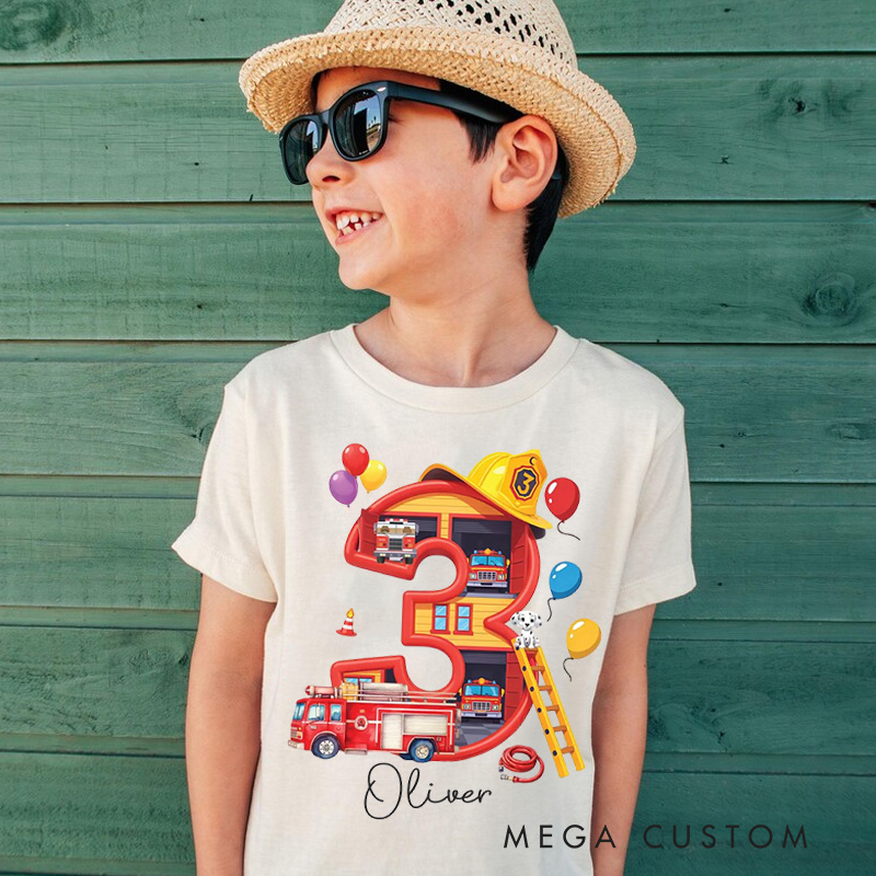 Personalized Fire Truck Birthday Kids T-Shirt with Custom Name and Colorful Birth Number Three Graphic for Celebrating Little Heroes Kids T-Shirt