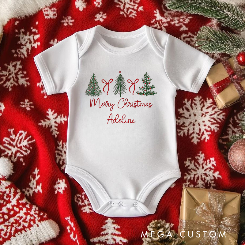 Personalized Baby Onesie and Holiday Baby Bodysuit with Christmas Tree and Bow Design for a Merry Christmas