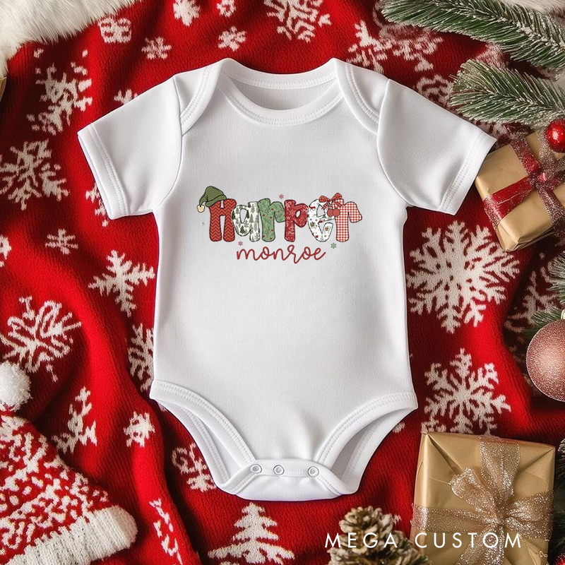 Personalized Baby Onesie and Holiday Baby Bodysuit with Festive Patchwork Letter Design for a Joyful Christmas