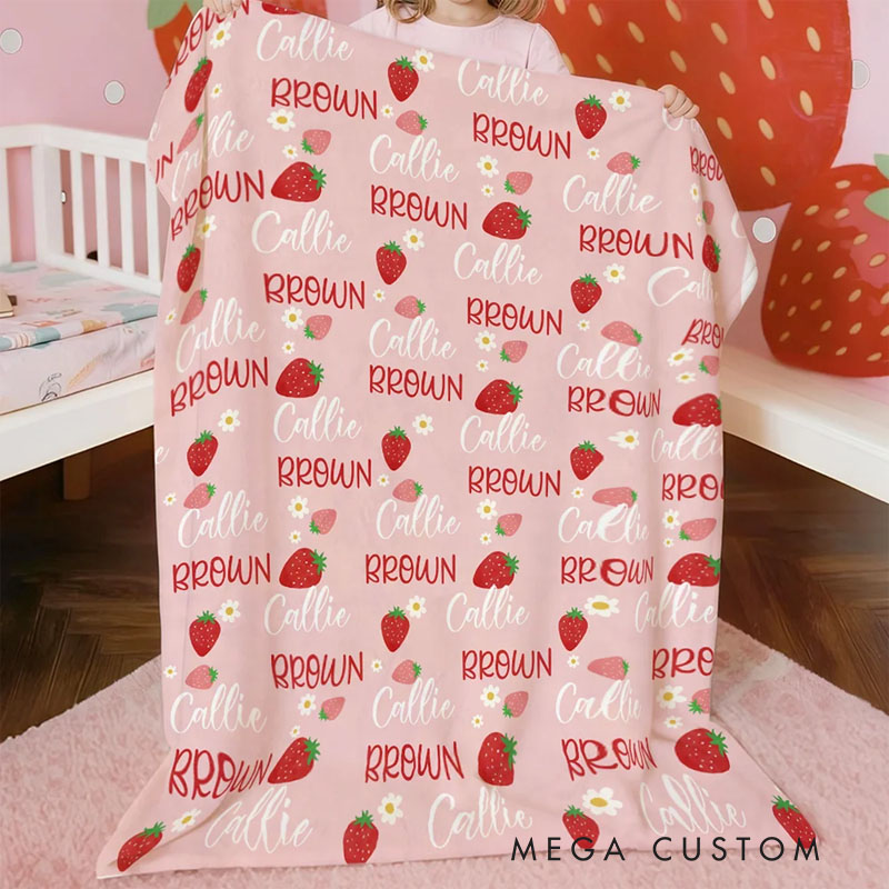 Personalized Flower Strawberry Peach Cherry Pink Soft Throw Blanket with Name Home Decor Birthday Christmas Gift for Girls
