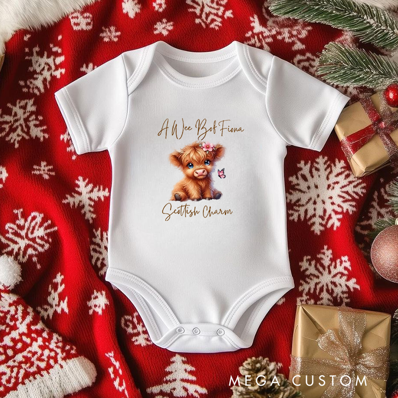 Personalized Baby Onesie and Scottish Themed Baby Bodysuit with Adorable Highland Cow and Butterfly Design for a Charming Touch