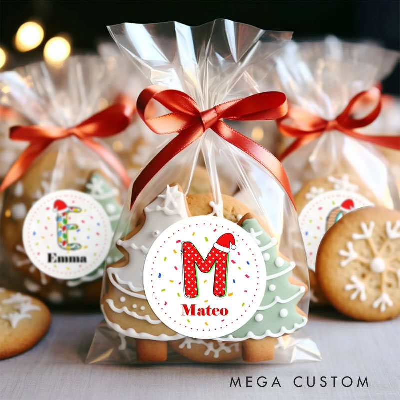 Personalized Santa Hat Initial Colorful Fireworks Waterproof Stickers with Name Festival Party Christmas Gift for Kids