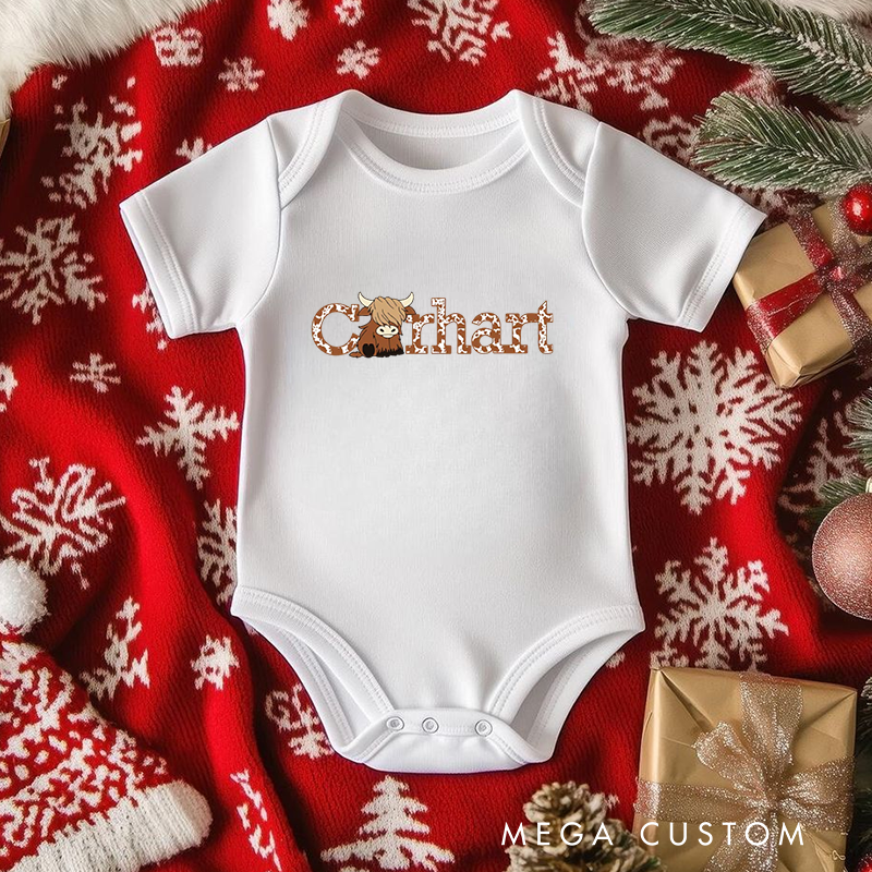 Personalized Baby Onesie and Farm Themed Baby Bodysuit with Cute Highland Cow and Cowhide Letter Design for a Rustic Charm