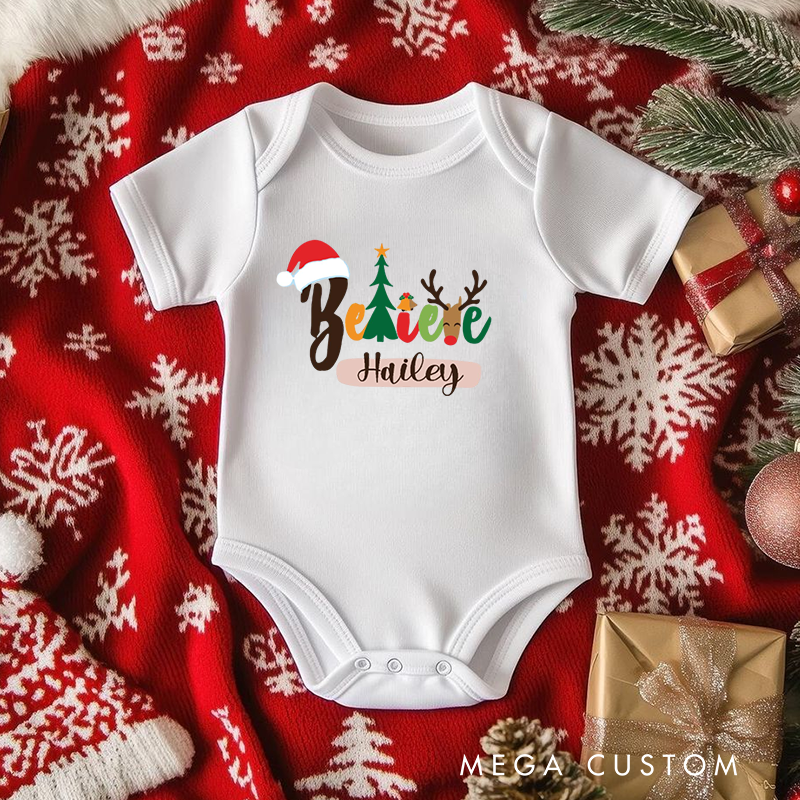 Personalized Baby Onesie and Festive Baby Bodysuit with Christmas Tree and Reindeer Design for a Joyful Holiday Season