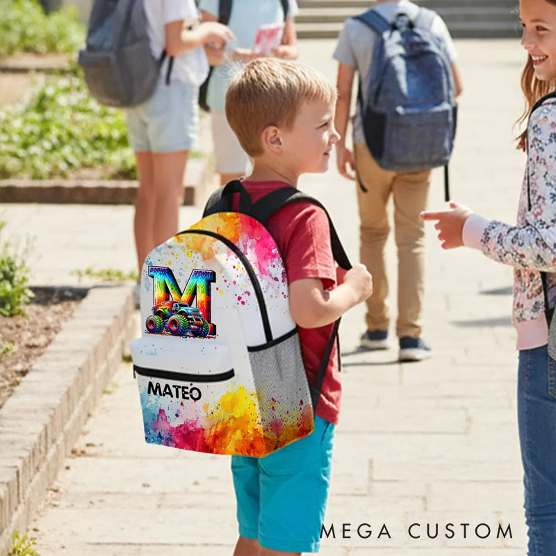 Personalized Watercolor Truck Initial Large Capacity Backpack with Name Back to School Birthday Christmas Gift for Boys Truck Lovers