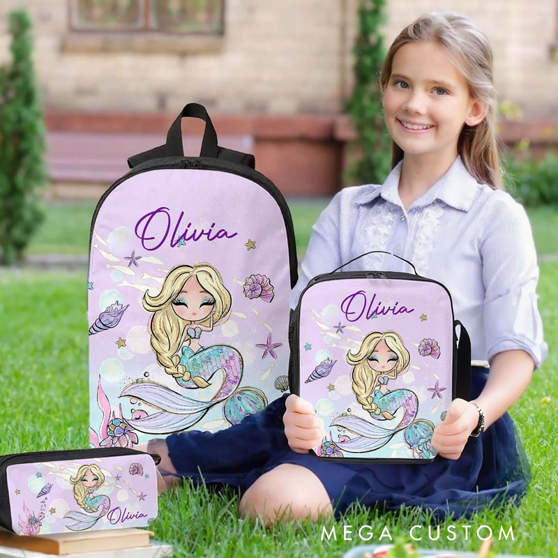 Personalized Cartoon Mermaid Backpack Luch Bag Pencil Case Set with Name Back to School Birthday Gift for Girls