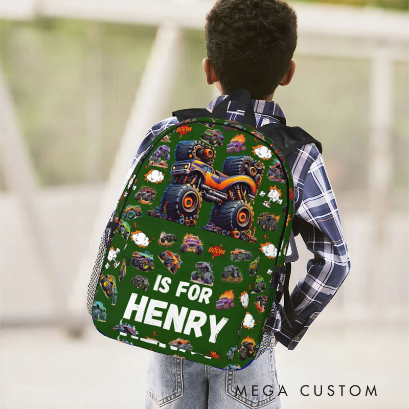 Personalized Big Wheel Off-Road Truck Initial Large Kid Backpack with Name and Side Pockets Daily Use Back to School Birthday Gift for Kids