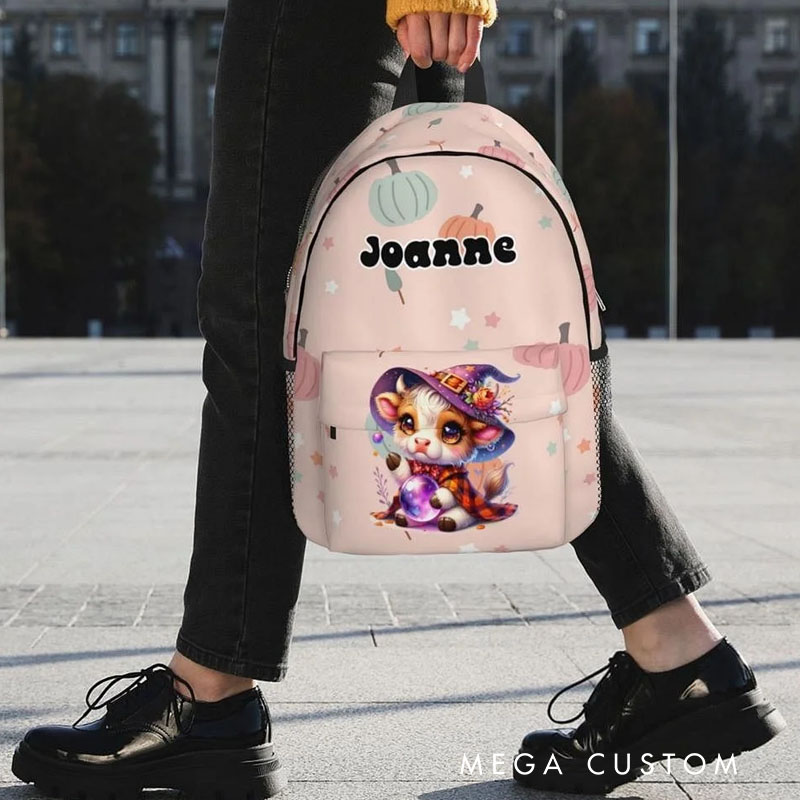 Personalized Highland Cow Pumpkin Design Waterproof Kid School Backpack with Name Halloween Fall Back to School Gift for Boys Girls