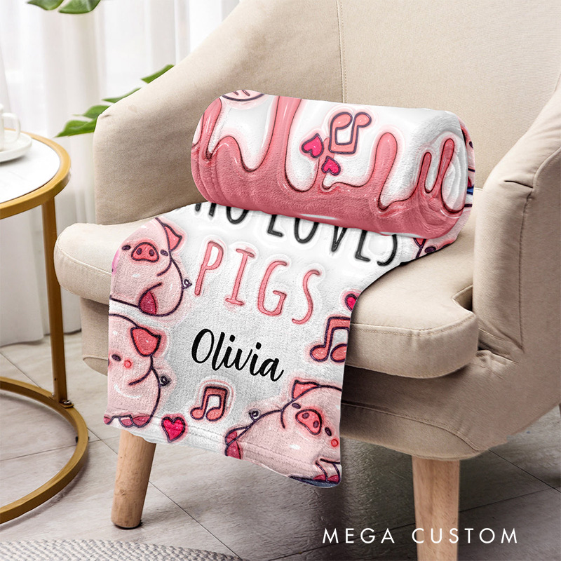 Personalized Pig Lover Blanket with Adorable Pig Illustrations and Custom Name for Pig Fans Blanket