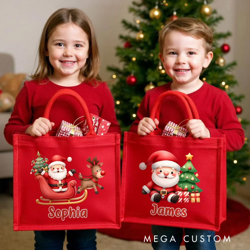 Personalized Cute Santa Character Large Red Jute Tote Bag with Name Daily Use Christmas Party Gift for Family Friends