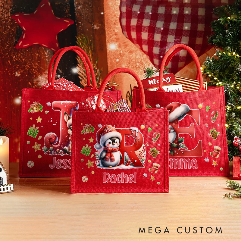 Personalized Cute Penguin Reindeer Gingerbread Man Reusable Red Jute Tote Gift Bag with Initial and Name Christmas Party Gift for Family Kids