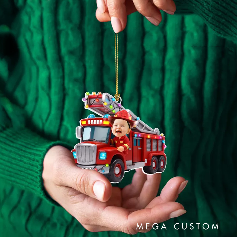 Personalized Fire Truck Christmas Ornament with Custom Photo and Name for Kids Who Love Fire Trucks Christmas Ornament