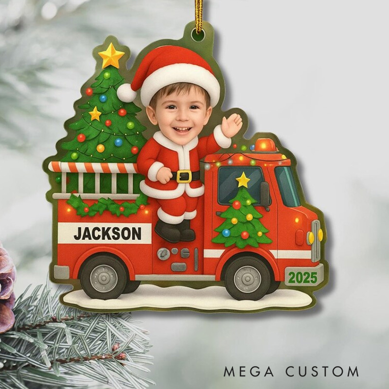 Personalized Fire Truck Christmas Ornament with Custom Photo and Name for Kids Who Love Fire Engines Christmas Ornament