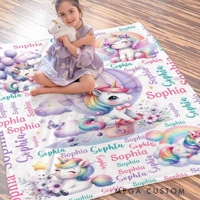 Personalized Cute Stars Rainbow Fantasy Unicorn Soft Throw Blanket with Name Home Decor Birthday Gift for Kids Unicorn Lovers
