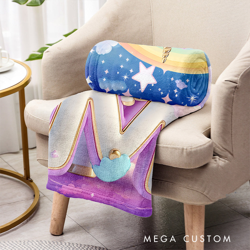 Personalized Unicorn Initial Blanket with Custom Letter and Rainbow Design for Kids and Cozy Bedroom Decor Blanket