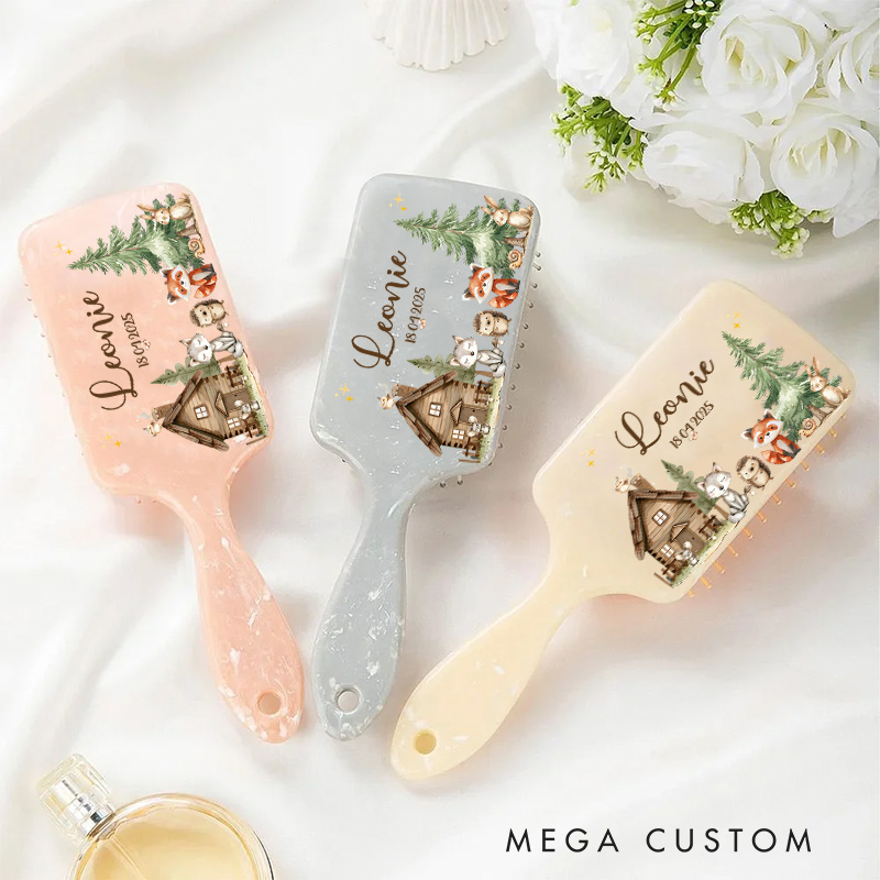 Personalized Woodland Hair Brush with Custom Name and Date Featuring Cozy Cabin and Forest Animals Design Hair Brush
