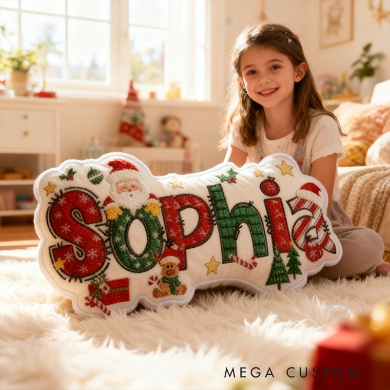 Personalized Christmas Name Santa Claus Style Cute Custom Kids Room Festive Cozy Holiday Pillows
